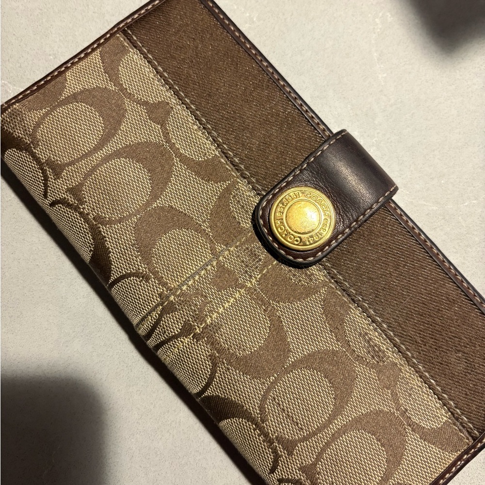 Coach Brown Leather Monogram Wallet with Clean Pink Interior